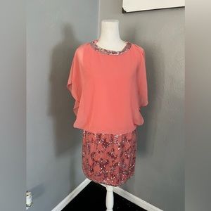 J Kara petite blouson short cocktail beaded dress coral size 6P